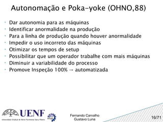 Autonomação e Poka-yoke (OHNO,88) Dar autonomia para as máquinas Identificar anormalidade na produção Para a linha de produção quando houver anormalidade Impedir o uso incorreto das máquinas Otimizar os tempos de setup Possibilitar que um operador trabalhe com mais máquinas Diminuir a variabilidade do processo Promove Inspeção 100% -> automatizada 