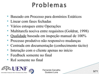 Problemas Baseado em Processo para domínios Estáticos Linear com fases fechadas Vários estoques entre Operações Multitarefa nociva entre requisitos (Goldrat, 1998) Qualidade  baseada em inspeção manual de 100% Processo produtivo não responsivo mudanças Centrada em documentação (conhecimento tácito) Interação com o cliente apenas no início Feedback somente no final RoI somente no final 