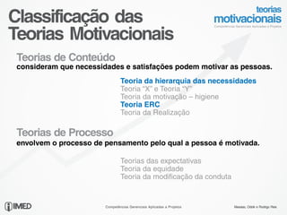 Classificação das
Teorias Motivacionais
 Teorias de Conteúdo
 consideram que necessidades e satisfações podem motivar as pessoas.
                                Teoria da hierarquia das necessidades
                                Teoria “X” e Teoria “Y”
                                Teoria da motivação – higiene
                                Teoria ERC
                                Teoria da Realização

 Teorias de Processo
 envolvem o processo de pensamento pelo qual a pessoa é motivada.

                                Teorias das expectativas
                                Teoria da equidade
                                Teoria da modificação da conduta


                        Competências Gerenciais Aplicadas a Projetos   Messias, Odolir e Rodrigo Reis
 