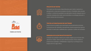 Com base nas informações disponibilizadas pelo cliente, realizamos o
planejamento e execução de projetos de teste. A finalidade desta solução
é realizar o controle da qualidade das aplicações visando assegurar que os
requisitos estabelecidos estão sendo atendidos e as entregas possuam o
menor número de erros possível.
Desenvolvemos projetos para automação de procedimentos de testes
funcionais que são realizados manualmente visando proporcionar ganhos
de tempo na execução e agilidade para a geração e análise de resultados.
Avaliação da qualidade voltada para projetos digitais que envolvam sites,
aplicativos mobile, sistemas web e demais produtos. Nosso objetivo é
proporcionar qualidade, confiabilidade e segurança na entrega do seu
projeto de forma ágil e eficaz.
FÁBRICA DE TESTES
PROJETOS DE TESTES
TESTES AUTOMATIZADOS DE SOFTWARE
DEMANDA DE QA EM PROJETOS DIGITAIS
 