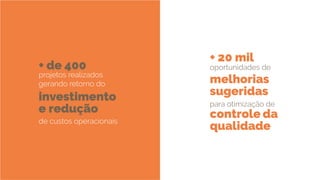 + de 400
+ 20 mil
controle da
qualidade
investimento
e redução
melhorias
sugeridas
projetos realizados
gerando retorno do
de custos operacionais
oportunidades de
para otimização de
 