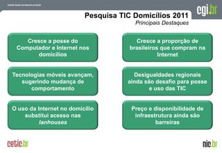 A evolução da Internet no Brasil
26 de março de 2009 – São Paulo
Pesquisa TIC Domicílios 2011
Principais Destaques
Cresce a posse do
Computador e Internet nos
domicílios
O uso da Internet no domicílio
substitui acesso nas
lanhouses
Cresce a proporção de
brasileiros que compram na
Internet
Desigualdades regionais
ainda são desafio para posse
e uso das TIC
Preço e disponibilidade de
infraestrutura ainda são
barreiras
Tecnologias móveis avançam,
sugerindo mudança de
comportamento
 