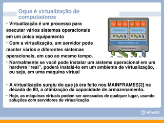Oque é virtualização de 
        computadores
• Virtualização é um processo para 
executar vários sistemas operacionais 
em um único equipamento 
• Com a virtualização, um servidor pode
manter vários e diferentes sistemas 
operacionais, em uso ao mesmo tempo.
• Normalmente se você pode instalar um sistema operacional em um 
  hardwre “real”, poderá instalá­lo em um ambiente de virtualização, 
  ou seja, em uma maquina virtual 

•   A virtualização surgiu do que já era feito nos MAINFRAMES[2] na 
    década de 80, a otimização da capacidade de armazenamento. 
•   Hoje, as máquinas virtuais podem ser acessadas de qualquer lugar, usando 
    soluções com servidores de virtualização
 
