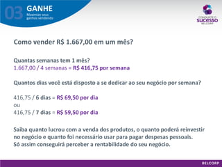 GANHE 
Maximize seus ganhos vendendo 
03 
Quantas semanas tem 1 mês? 1.667,00 / 4 semanas = R$ 416,75 por semana Quantos dias você está disposto a se dedicar ao seu negócio por semana? 416,75 / 6 dias = R$ 69,50 por dia ou 416,75 / 7 dias = R$ 59,50 por dia 
Como vender R$ 1.667,00 em um mês? 
Saiba quanto lucrou com a venda dos produtos, o quanto poderá reinvestir no negócio e quanto foi necessário usar para pagar despesas pessoais. Só assim conseguirá perceber a rentabilidade do seu negócio.  