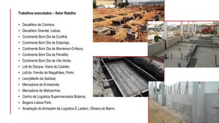 Trabalhos executados – Setor Retalho
• Decathlon de Coimbra;
• Decathlon Oriental, Lisboa;
• Continente Bom Dia da Covilhã;
• Continente Bom Dia de Estarreja;
• Continente Bom Dia de Montemor-O-Novo;
• Continente Bom Dia de Penafiel;
• Continente Bom Dia de Vila Verde;
• Lidl de Darque, Viana do Castelo;
• Lidl Av. Fernão de Magalhães, Porto;
• LeroyMerlin de Setúbal;
• Mercadona de Ermesinde;
• Mercadona de Matosinhos;
• Centro de Logística Supermercados Bolama;
• Bogaris Lisboa Park;
• Ampliação do Armazém de Logística E.Leclerc, Oliveira do Bairro.
 