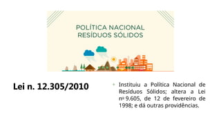 Lei n. 12.305/2010 + Instituiu a Política Nacional de
Resíduos Sólidos; altera a Lei
no
9.605, de 12 de fevereiro de
1998; e dá outras providências.
 