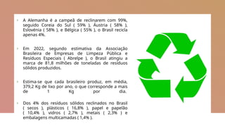 + A Alemanha é a campeã de reclinarem com 99%,
seguido Coreia do Sul ( 59% ), Áustria ( 58% ),
Eslovénia ( 58% ), e Bélgica ( 55% ), o Brasil recicla
apenas 4%.
+ Em 2022, segundo estimativa da Associação
Brasileira de Empresas de Limpeza Pública e
Resíduos Especiais ( Abrelpe ), o Brasil atingiu a
marca de 81,8 milhões de toneladas de resíduos
sólidos produzidos.
+ Estima-se que cada brasileiro produz, em média,
379,2 Kg de lixo por ano, o que corresponde a mais
de 1 Kg por dia.
+ Dos 4% dos resíduos sólidos reclinados no Brasil
( secos ), plásticos ( 16,8% ), papel e papelão
( 10,4% ), vidros ( 2,7% ), metais ( 2,3% ) e
embalagens multicamadas ( 1,4% ).
 