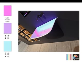 R: 255 
G: 
123 
B: 239 
R: 214 
G: 
165 
B: 247 
R: 181 
G: 
239 
B: 247 
 