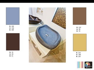 R: 140 
G: 
156 
B: 189 
R: 74 
G: 
49 
B: 41 
R: 132 
G: 
99 
B: 74 
R: 222 
G: 
189 
B: 107 
 