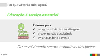 Por que voltar às aulas agora?
Educação é serviço essencial.
Retornar para:
 assegurar direito à aprendizagem
 prover atenção e assistência
 evitar abandono e evasão
Desenvolvimento seguro e saudável dos jovens
 