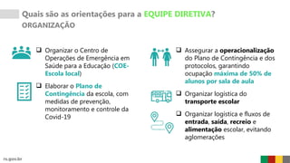 Organizar o Centro de
Operações de Emergência em
Saúde para a Educação (COE-
Escola local)
 Elaborar o Plano de
Contingência da escola, com
medidas de prevenção,
monitoramento e controle da
Covid-19
Quais são as orientações para a EQUIPE DIRETIVA?
ORGANIZAÇÃO
 Assegurar a operacionalização
do Plano de Contingência e dos
protocolos, garantindo
ocupação máxima de 50% de
alunos por sala de aula
 Organizar logística do
transporte escolar
 Organizar logística e fluxos de
entrada, saída, recreio e
alimentação escolar, evitando
aglomerações
 