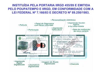  INSTITUÍDA PELA PORTARIA IIRGD 455/99 E EMITIDA
PELO POUPATEMPO E IIRGD, EM CONFORMIDADE COM A
LEI FEDERAL Nº 7.166/83 E DECRETO Nº 89.250/1983.
 