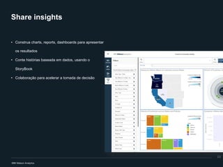 Share insights
• Construa charts, reports, dashboards para apresentar
os resultados
• Conte histórias baseada em dados, usando o
StoryBook
• Colaboração para acelerar a tomada de decisão
10
 