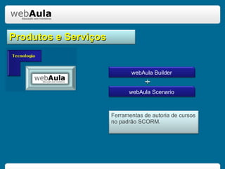 Produtos e Serviços webAula Builder webAula Scenario Ferramentas de autoria de cursos no padrão SCORM.  