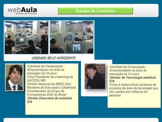 Equipe de Comando Cientista da Computação Empreendedor na área de educação há 23 anos Vice Presidente de e-learning da SUCESU MG Diretor Nacional da ABED (Ass. Brasileira de Educação a Distância) Coordenador do Grupo de Fornecedores EAD do Brasil Diretor Executivo da webAula S/A Cientista da Computação Empreendedor na área de educação há 10 anos Diretor de Tecnologia webAula S/A Criou e desenvolveu centenas de produtos da área de tecnologia que são usados por milhares de pessoas  