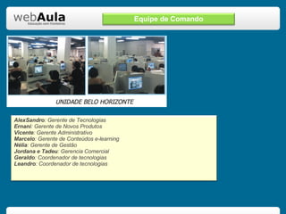 Equipe de Comando AlexSandro : Gerente de Tecnologias  Ernani : Gerente de Novos Produtos Vicente : Gerente Administrativo Marcelo : Gerente de Conteúdos e-learning Nélia : Gerente de Gestão Jordana e Tadeu : Gerencia Comercial Geraldo : Coordenador de tecnologias Leandro : Coordenador de tecnologias 