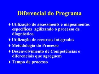 Diferencial do Programa ♦  Utilização de assessments e mapeamentos específicos  agilizando o processo de diagnóstico. ♦  Utilização de recursos integrados  ♦  Metodologia do Processo ♦  Desenvolvimento de Competências e diferenciais que agreguem  ♦  Tempo de processo 