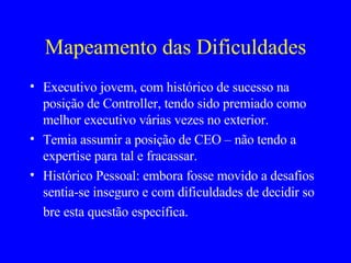 Mapeamento das Dificuldades Executivo jovem, com histórico de sucesso na posição de Controller, tendo sido premiado como melhor executivo várias vezes no exterior. Temia assumir a posição de CEO – não tendo a expertise para tal e fracassar. Histórico Pessoal: embora fosse movido a desafios sentia-se inseguro e com dificuldades de decidir so bre esta questão específica. 