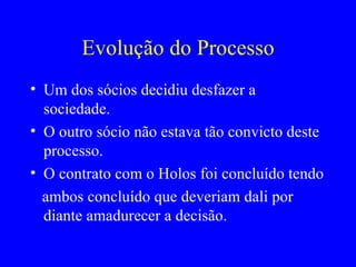 Evolução do Processo Um dos sócios decidiu desfazer a sociedade. O outro sócio não estava tão convicto deste processo. O contrato com o Holos foi concluído tendo ambos concluído que deveriam dali por diante amadurecer a decisão. 