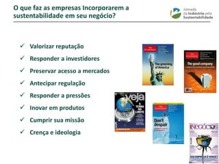________________________________________________________________________
O que faz as empresas Incorporarem a
sustentabilidade em seu negócio?
 Valorizar reputação
 Responder a investidores
 Preservar acesso a mercados
 Antecipar regulação
 Responder a pressões
 Inovar em produtos
 Cumprir sua missão
 Crença e ideologia
 