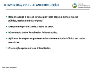 ________________________________________________________________________
LEI Nº 12.846/ 2013 - LEI ANTICORRUPÇÃO
 Responsabiliza a pessoa jurídica por "atos contra a administração
pública, nacional ou estrangeira”
 Entrou em vigor em 29 de janeiro de 2014.
 Não se trata de Lei Penal e sim Administrativa.
 Aplica-se às empresas que transacionam com o Poder Público em todas
as esferas.
 Cria sanções pecuniárias e interditórias.
Fonte: Ordélio Azevedo Sette
 