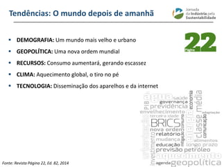 ________________________________________________________________________
 DEMOGRAFIA: Um mundo mais velho e urbano
 GEOPOLÍTICA: Uma nova ordem mundial
 RECURSOS: Consumo aumentará, gerando escassez
 CLIMA: Aquecimento global, o tiro no pé
 TECNOLOGIA: Disseminação dos aparelhos e da internet
Tendências: O mundo depois de amanhã
Fonte: Revista Página 22, Ed. 82, 2014
 