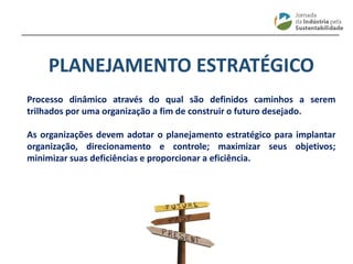 ________________________________________________________________________
PLANEJAMENTO ESTRATÉGICO
Processo dinâmico através do qual são definidos caminhos a serem
trilhados por uma organização a fim de construir o futuro desejado.
As organizações devem adotar o planejamento estratégico para implantar
organização, direcionamento e controle; maximizar seus objetivos;
minimizar suas deficiências e proporcionar a eficiência.
 