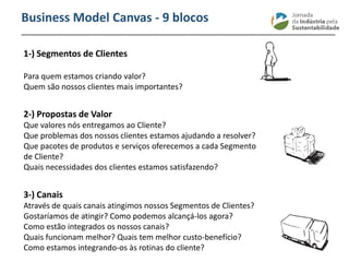________________________________________________________________________
Business Model Canvas - 9 blocos
1-) Segmentos de Clientes
Para quem estamos criando valor?
Quem são nossos clientes mais importantes?
2-) Propostas de Valor
Que valores nós entregamos ao Cliente?
Que problemas dos nossos clientes estamos ajudando a resolver?
Que pacotes de produtos e serviços oferecemos a cada Segmento
de Cliente?
Quais necessidades dos clientes estamos satisfazendo?
3-) Canais
Através de quais canais atingimos nossos Segmentos de Clientes?
Gostaríamos de atingir? Como podemos alcançá-los agora?
Como estão integrados os nossos canais?
Quais funcionam melhor? Quais tem melhor custo-benefício?
Como estamos integrando-os às rotinas do cliente?
 