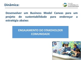 ________________________________________________________________________
Dinâmica:
Desenvolver um Business Model Canvas para um
projeto de sustentabilidade para endereçar a
estratégia abaixo:
ENGAJAMENTO DO STAKEHOLDER
COMUNIDADE
 