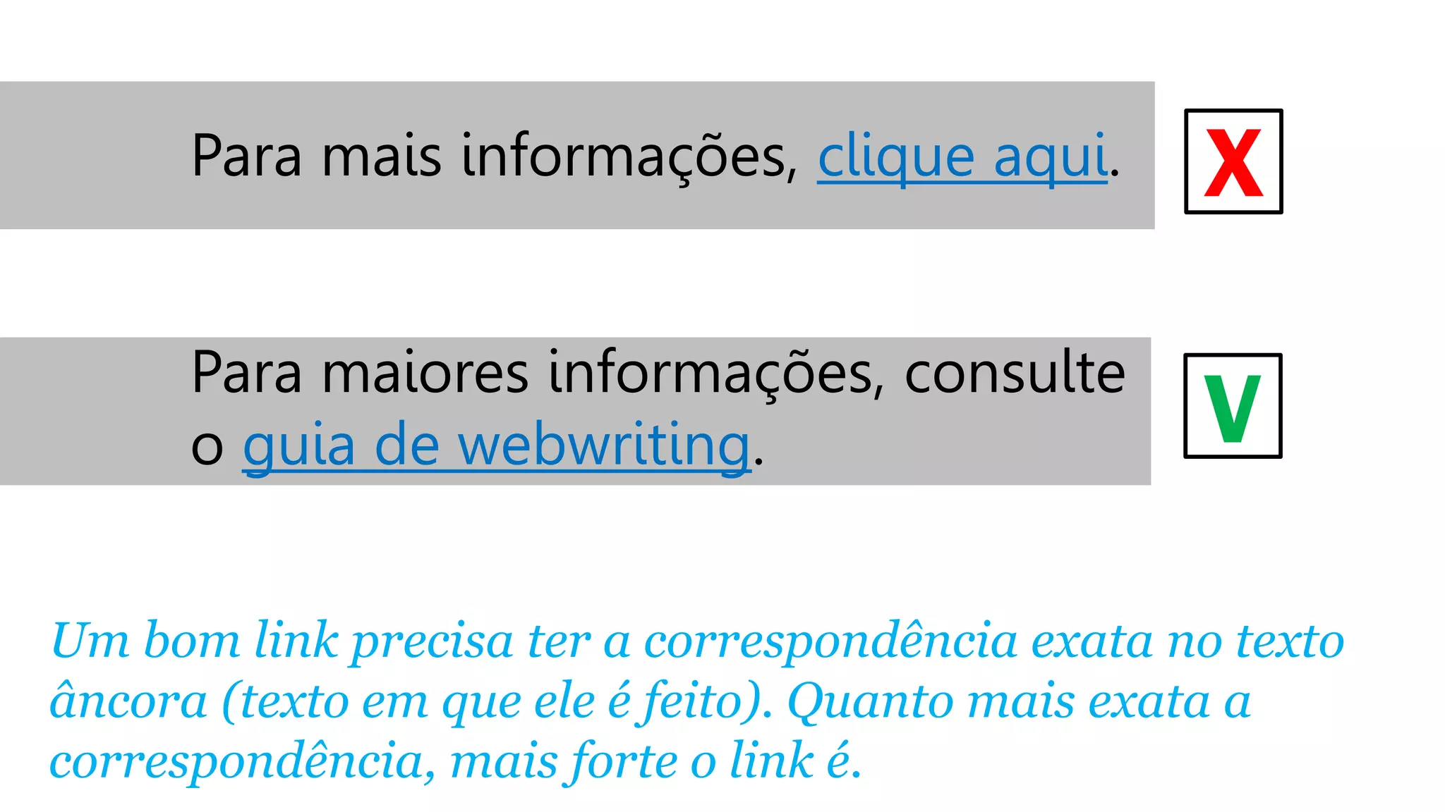 Para mais informações, clique aqui.

X

Para maiores informações, consulte
o guia de webwriting.

V

Um bom link precisa ter a correspondência exata no texto
âncora (texto em que ele é feito). Quanto mais exata a
correspondência, mais forte o link é.

 