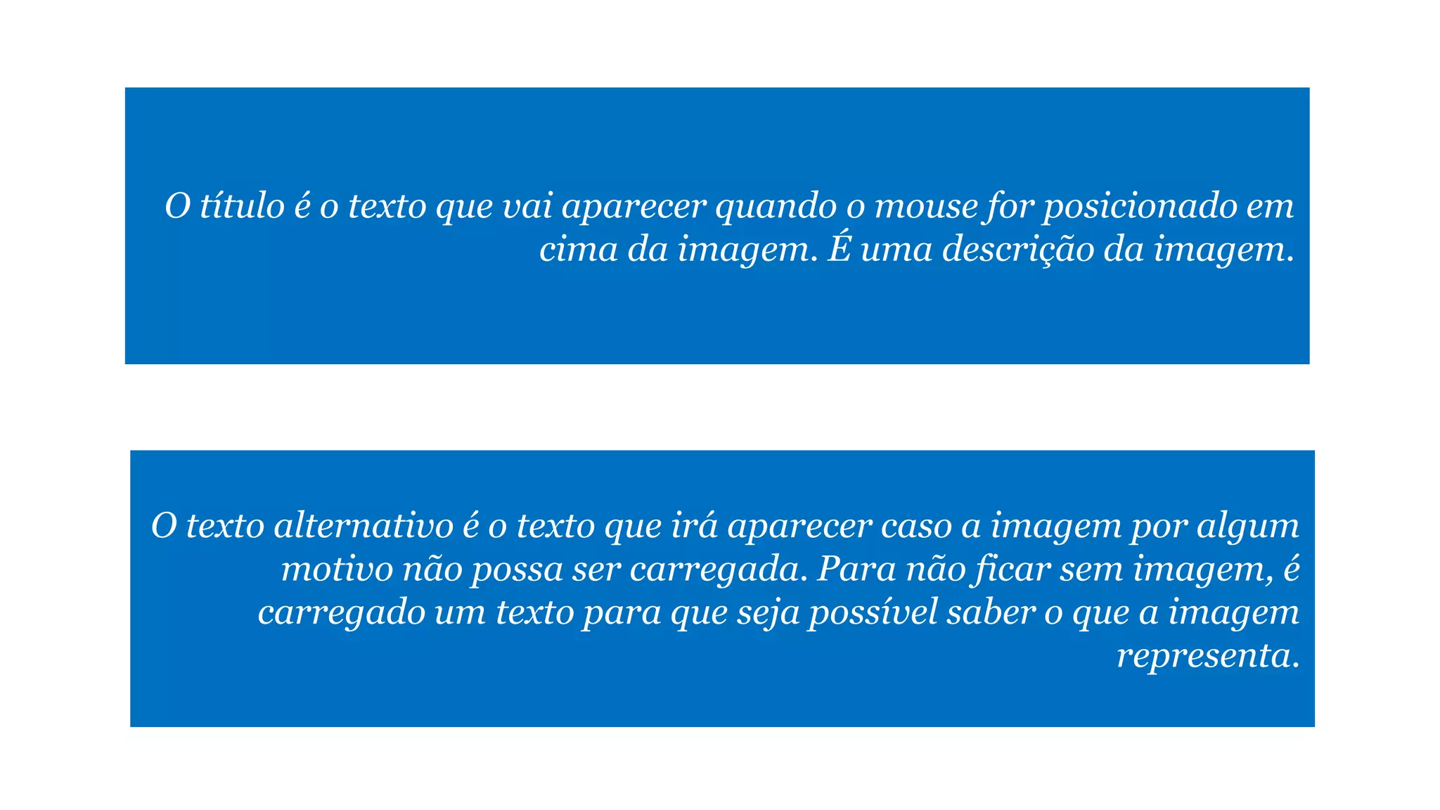 O título é o texto que vai aparecer quando o mouse for posicionado em
cima da imagem. É uma descrição da imagem.

O texto alternativo é o texto que irá aparecer caso a imagem por algum
motivo não possa ser carregada. Para não ficar sem imagem, é
carregado um texto para que seja possível saber o que a imagem
representa.

 