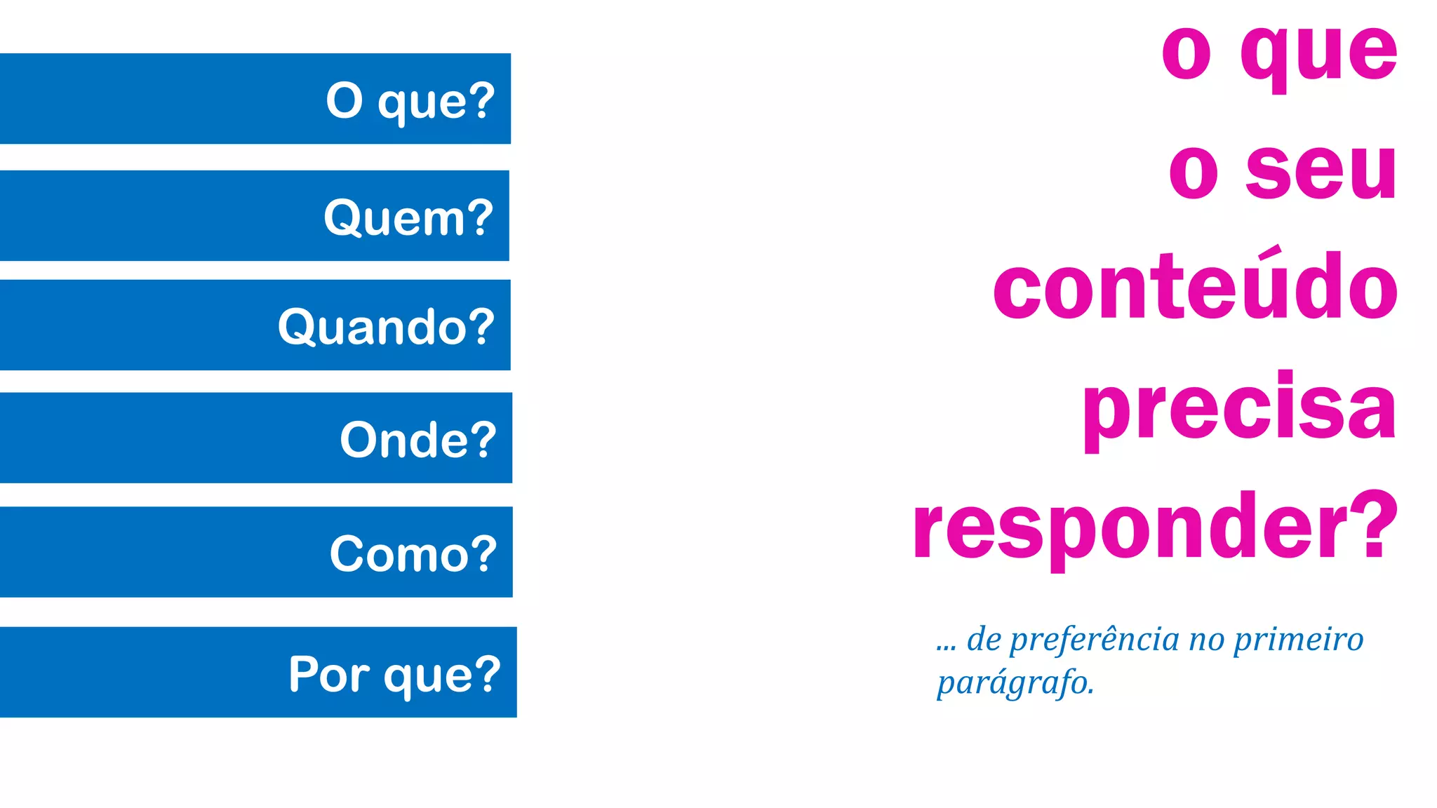 O que?

Quem?
Quando?
Onde?
Como?
Por que?

o que
o seu
conteúdo
precisa
responder?
... de preferência no primeiro
parágrafo.

 