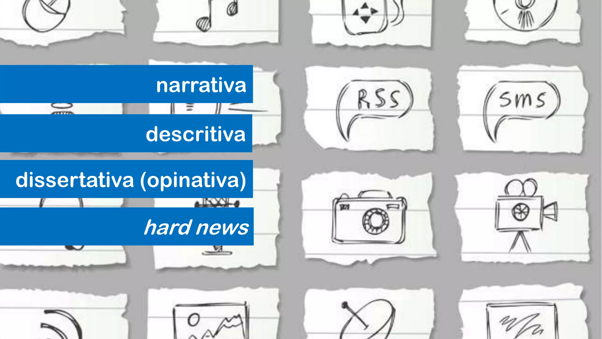 narrativa
descritiva
dissertativa (opinativa)
hard news
 