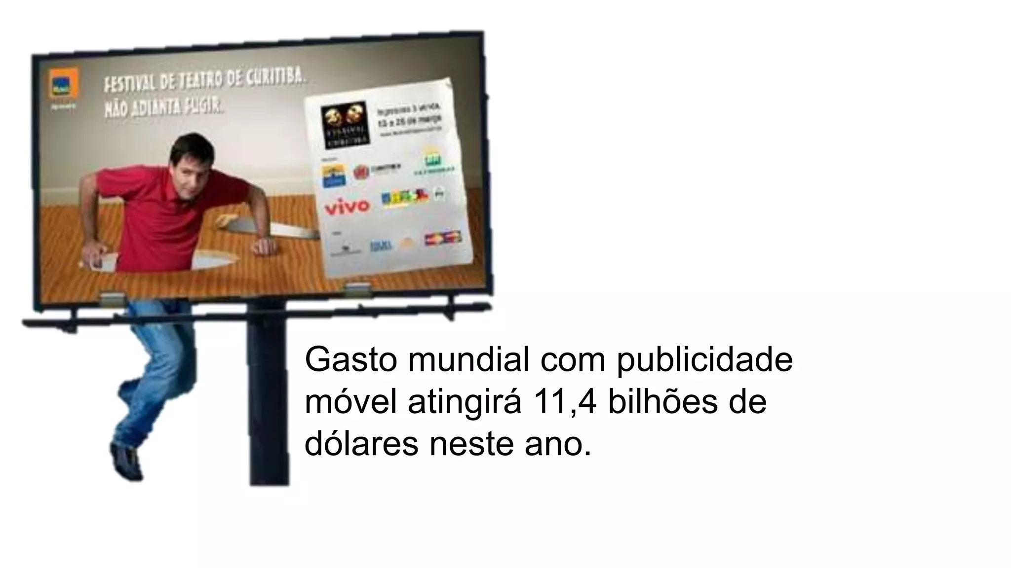 Gasto mundial com publicidade
móvel atingirá 11,4 bilhões de
dólares neste ano.
 