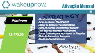 Platinum 
IBO 
R$ 475,00 
05 caixas de Energético 
Curso de idiomas TRANSPARENT 
Seguro de Acidentes Pessoais MAPFRE 
Clube de Viagens Internacional/Nacional 
Cash Back nas Empresas Participantes 
Preços Especiais para os produtos do Shopping 
Clube de Descontos e Vantagens 
Direito ao Plano de Carreira 
Ativação Mensal  