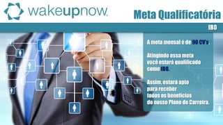 A meta mensal é de 90 CV’s. 
Atingindo essa meta 
você estará qualificado 
como IBO. 
Assim, estará apto 
para receber 
todos os benefícios 
do nosso Plano de Carreira. 
Meta Qualificatória 
IBO  