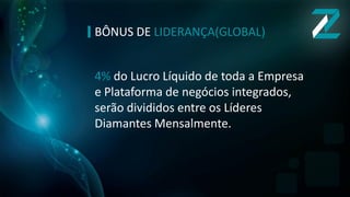 BÔNUS DE LIDERANÇA(GLOBAL)
4% do Lucro Líquido de toda a Empresa
e Plataforma de negócios integrados,
serão divididos entre os Líderes
Diamantes Mensalmente.
 