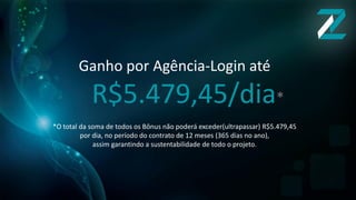 Ganho por Agência-Login até
R$5.479,45/dia*
*O total da soma de todos os Bônus não poderá exceder(ultrapassar) R$5.479,45
por dia, no período do contrato de 12 meses (365 dias no ano),
assim garantindo a sustentabilidade de todo o projeto.
 