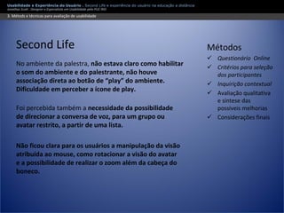 Apresentação Usabilidade e Second Life - Experiência do usuário