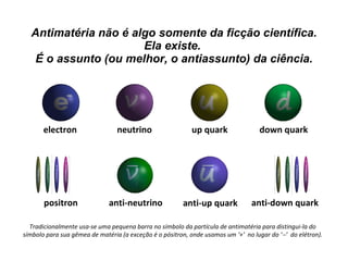 Antimatéria não é algo somente da ficção científica. Ela existe.  É o assunto (ou melhor, o antiassunto) da ciência. Tradicionalmente usa-se uma pequena barra no símbolo da partícula de antimatéria para distingui-la do símbolo para sua gêmea de matéria (a exceção é o pósitron, onde usamos um ‘+’  no lugar do ‘  ’  do elétron). electron neutrino up quark down quark positron anti-neutrino anti-up quark anti-down quark 
