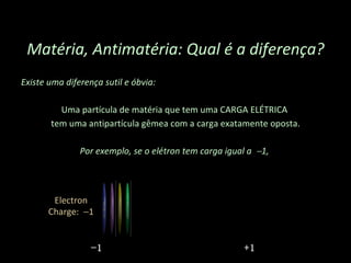 Existe uma diferença sutil e óbvia:  Uma partícula de matéria que tem uma CARGA ELÉTRICA  tem uma antipartícula gêmea com a carga exatamente oposta. Por exemplo, se o elétron tem carga igual a   1,  Matéria, Antimatéria: Qual é a diferença? − 1 +1 − 1 Electron Charge:   1 