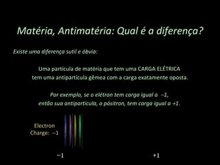 Existe uma diferença sutil e óbvia:  Uma partícula de matéria que tem uma CARGA ELÉTRICA  tem uma antipartícula gêmea com a carga exatamente oposta. Por exemplo, se o elétron tem carga igual a   1,  então sua antipartícula, o pósitron, tem carga igual a   1.  Matéria, Antimatéria: Qual é a diferença? +1 − 1 Electron Charge:   1 