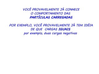 VOCÊ PROVAVELMENTE JÁ CONHECE O COMPORTAMENTO DAS  PARTÍCULAS CARREGADAS POR EXEMPLO, VOCÊ PROVAVELMENTE JÁ TEM IDÉIA DE QUE  CARGAS  IGUAIS   por exemplo, duas cargas negativas  
