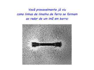Você provavelmente já viu como linhas de limalha de ferro se formam ao redor de um imã em barra: 