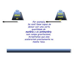 Por exemplo, Se você fosse capaz de deixar cair uma certa quantidade de  matéria  e de  antimatéria  num campo gravitacional,  Acreditamos que eles acelerariam precisamente na mesma taxa. Matter Anti- matter 