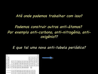 Até onde podemos trabalhar com isso? Podemos construir outros anti-átomos?  Por exemplo anti-carbono, anti-nitrogênio, anti-oxigênio? ? E que tal uma nova anti-tabela periódica? 
