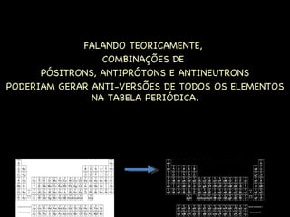 FALANDO TEORICAMENTE,  COMBINAÇÕES DE  PÓSITRONS, ANTIPRÓTONS E ANTINEUTRONS PODERIAM GERAR ANTI-VERSÕES DE TODOS OS ELEMENTOS NA TABELA PERIÓDICA. 