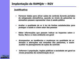 2
3
5
6
4
7
1
8
1
Implantação da RAMQAr – RGV
Justificativa
• Informar à população, órgãos públicos e sociedade em geral os
níveis presentes da contaminação do ar
• Fornecer dados para ativar ações de controle durante períodos
de estagnação atmosférica, quando os níveis de poluentes na
atmosfera possam representar risco à saúde pública
• Avaliar a qualidade do ar à luz de limites estabelecidos para
proteger a saúde e o bem estar das pessoas
• Obter informações que possam indicar os impactos sobre a
fauna, flora e o meio ambiente em geral
• Acompanhar as tendências e mudanças na qualidade do ar
devidas à alterações nas emissões dos poluentes, e assim
auxiliar no planejamento de ações de controle
 