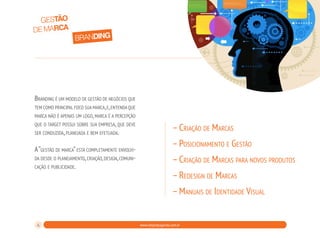 GESTÃO
DE MARCA

branding

Branding é um modelo de gestão de negócios que
tem como principal foco sua marca, e, entenda que
marca não é apenas um logo, marca é a percepção
que o target possui sobre sua empresa, que deve
ser conduzida, planejada e bem efetuada.
A “gestão de marca” está completamente envolvida desde o planejamento, criação, design, comunicação e publicidade.

– Criação de Marcas
– Posicionamento e Gestão
– Criação de Marcas para novos produtos
– Redesign de Marcas
– Manuais de Identidade Visual

6

www.rdxpropaganda.com.br

 