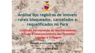 Comissão Permanente de Monitoramento,
Estudo e Assessoramento das Questões
Ligadas à Grilagem
Análise dos registros de imóveis
rurais bloqueados, cancelados e
requalificados no Pará
(Portaria nº 0271/2007-GP/TJE-PA)
Belém, 07 de abril de 2017
1
 